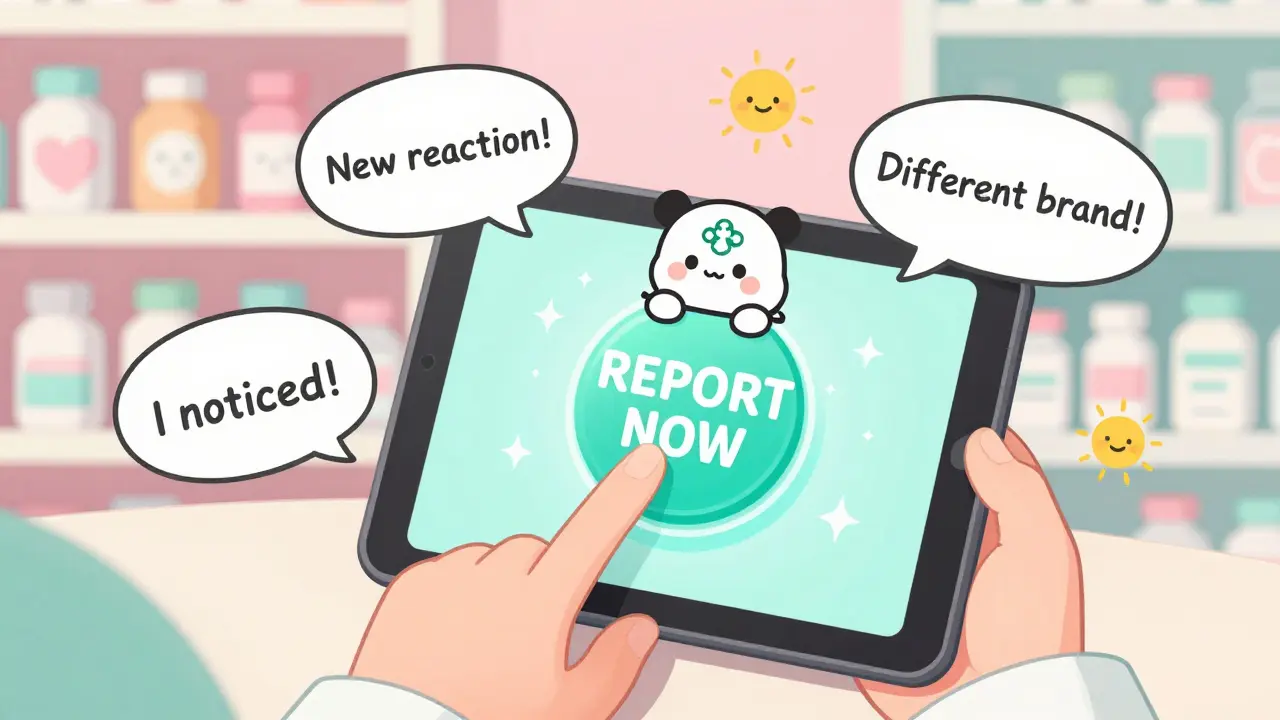 A pharmacist's hand clicks a glowing report button with cute health agency logos nearby in pastel colors.