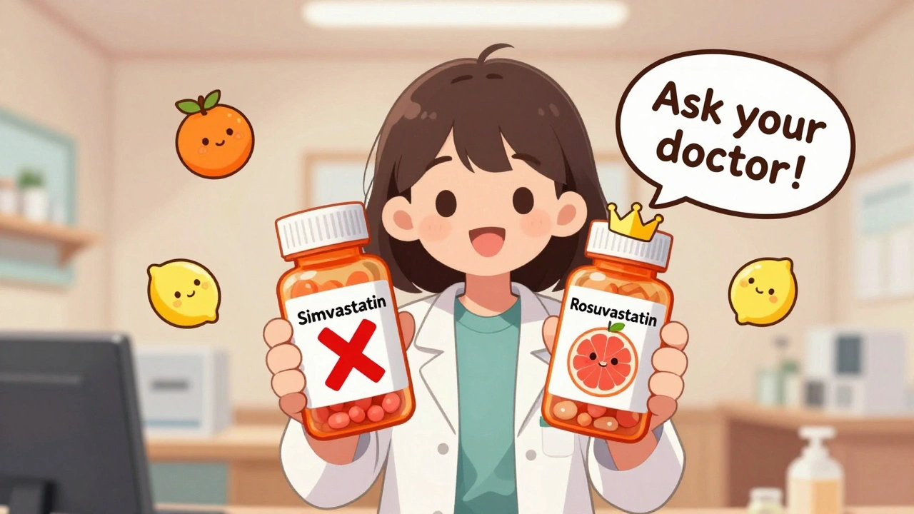 A pharmacist comparing two statin bottles — one with a banned grapefruit, one with a safe grapefruit crown.