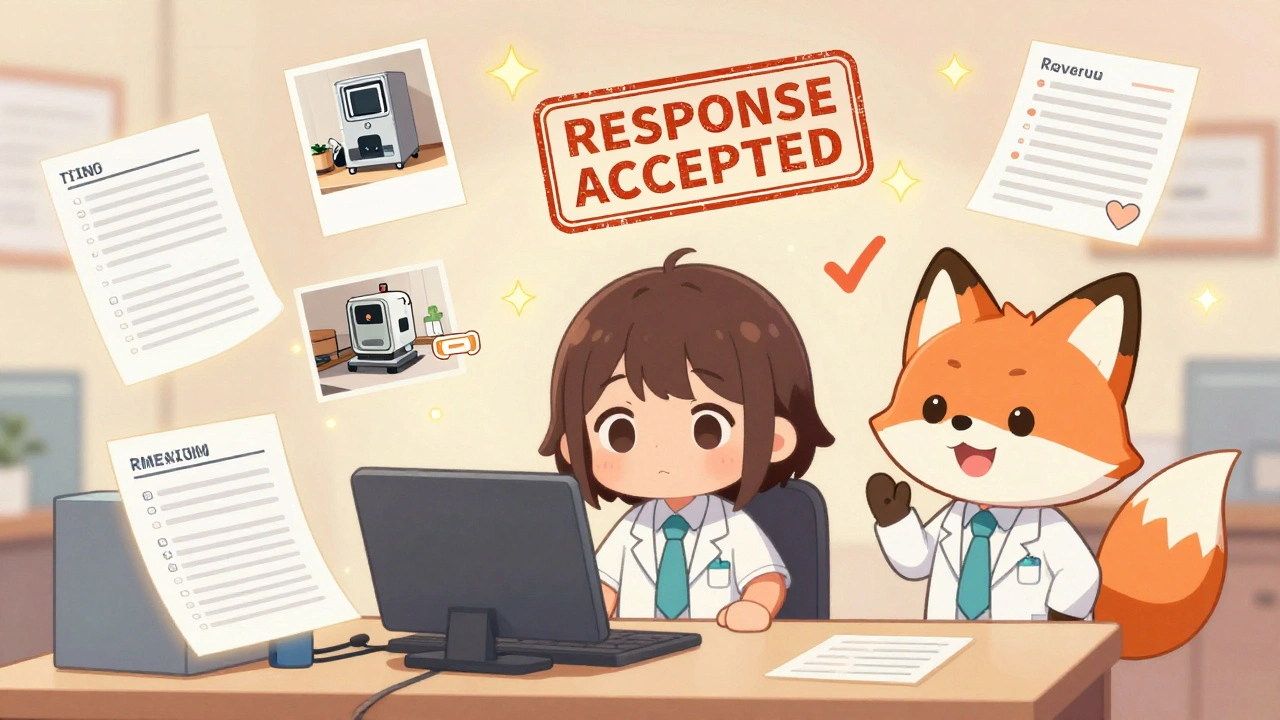 A small business owner surrounded by compliance documents as a friendly FDA fox mascot gives a thumbs-up.