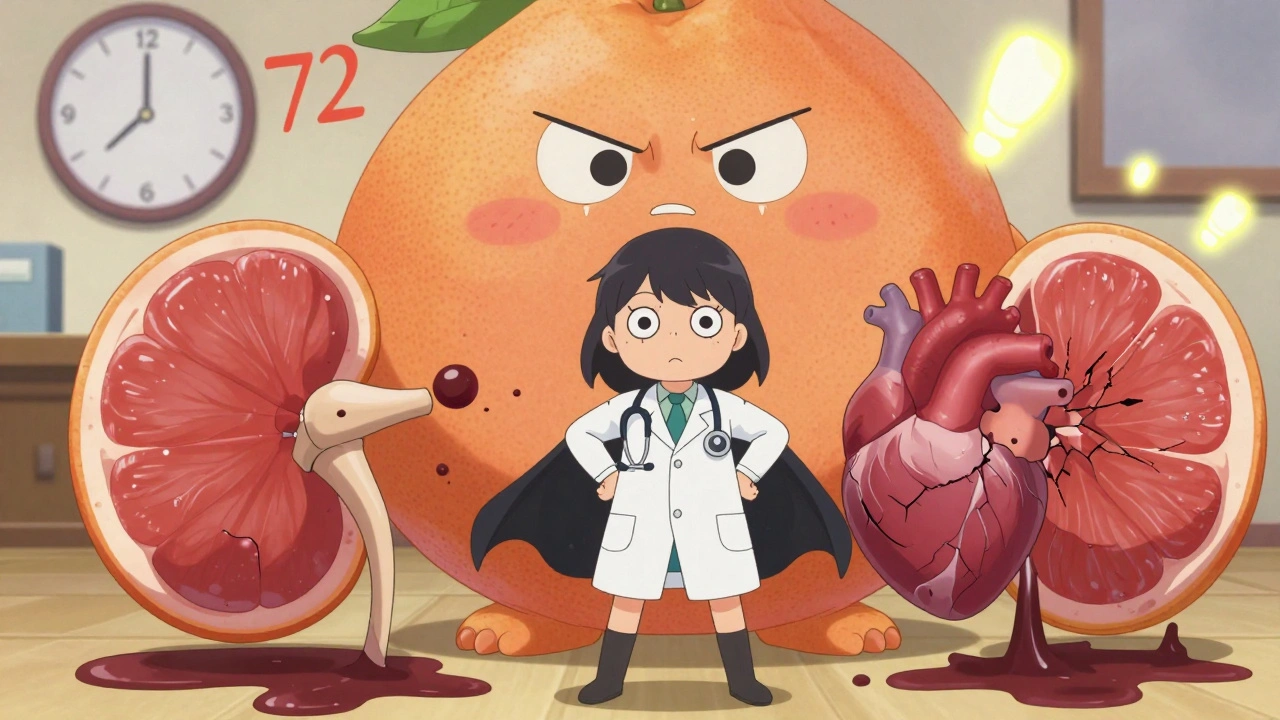 A superheroine protects a heart from a grapefruit monster, with muscle damage and safe statin power-ups glowing.
