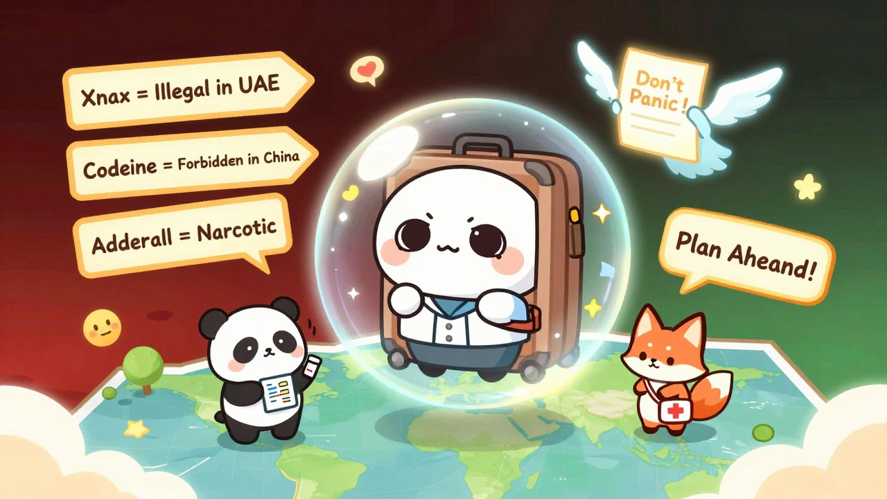 A traveler shielded by a glowing doctor’s letter, avoiding dangerous medication warnings on a world map.