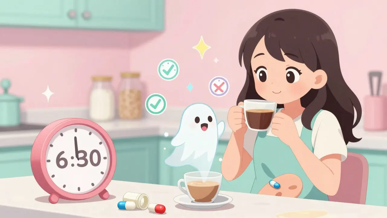 A woman enjoying coffee after waiting 30 minutes, with a happy ghost of the pill rising from her stomach.