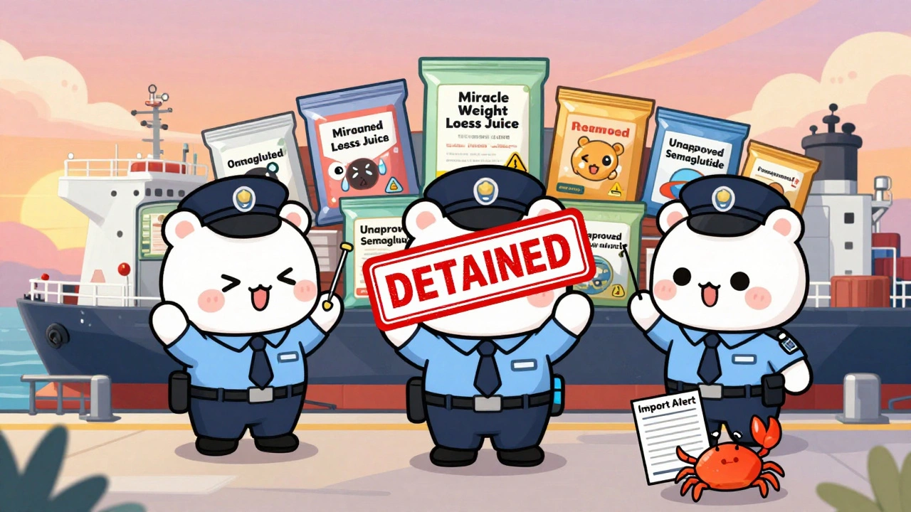 Adorable FDA inspectors stopping a cargo ship filled with banned supplements at a port, using giant red stamps.