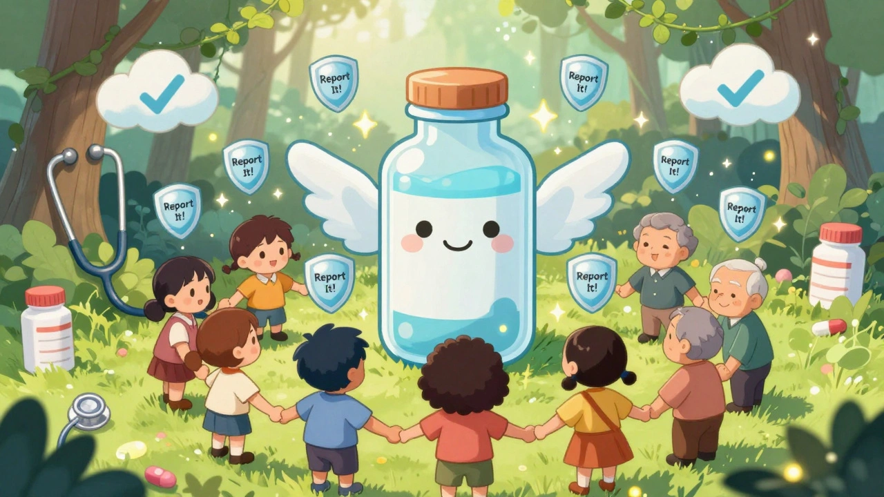Children and seniors hold hands around a winged medicine bottle as safety shields float upward in a magical forest.