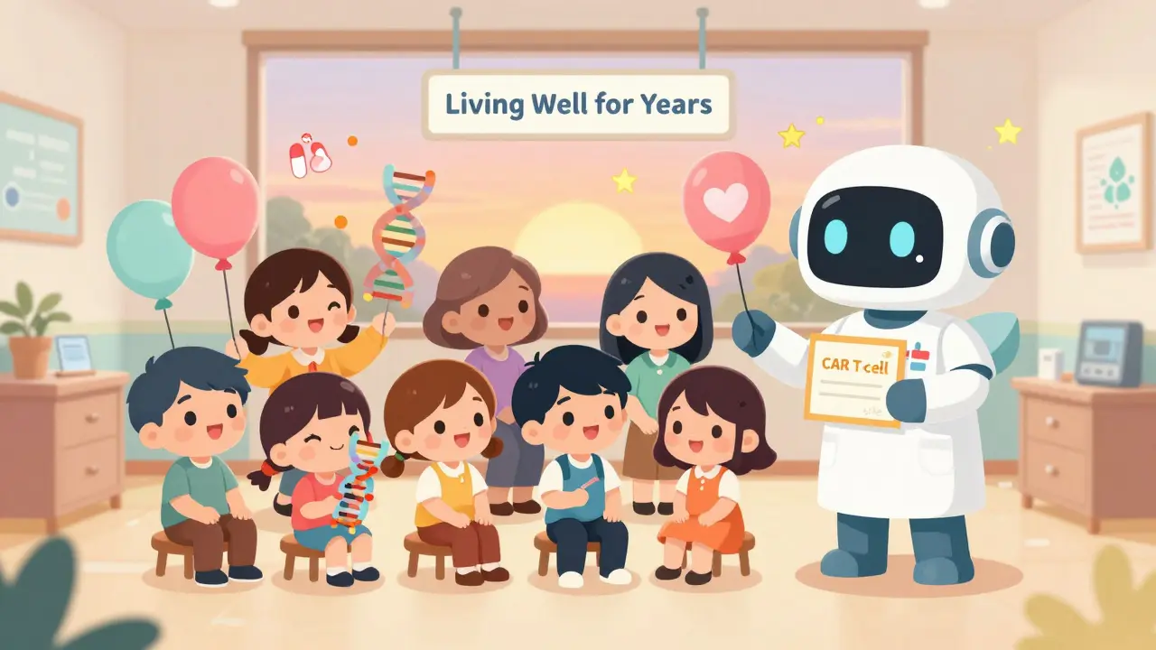 Diverse patients smile in a pastel clinic, receiving CAR T-cell certificates from a heart-shaped robot nurse.