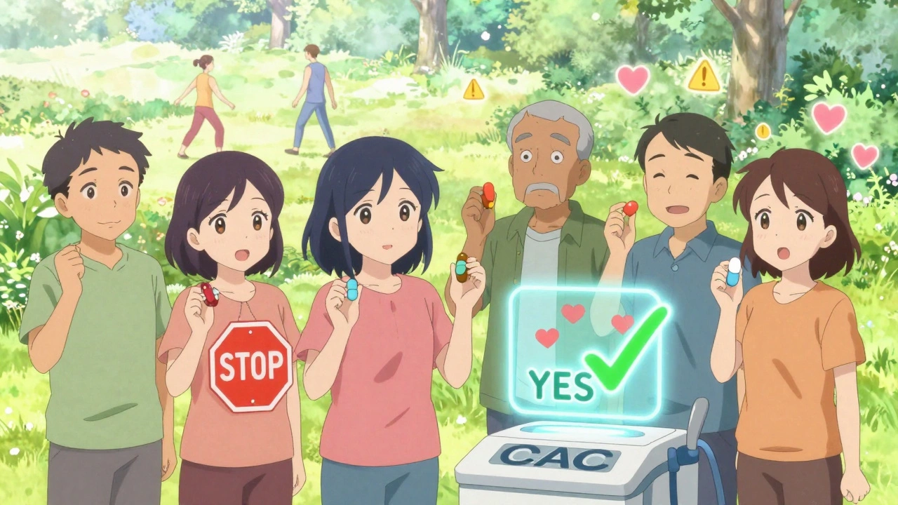 Diverse people with pills and a CAC scan machine in a park, glowing hearts and warning symbols in kawaii style.