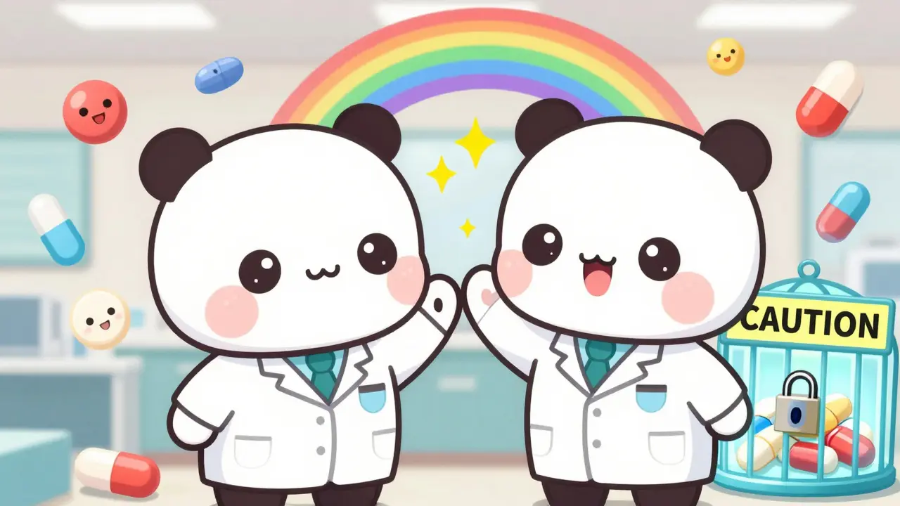 Doctor and pharmacist high-fiving beside safe statins, while dangerous antifungals are locked in a cage.