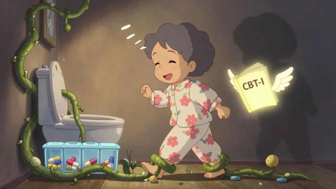 Elderly woman tangled in sleepy vines near bathroom, falling vase nearby