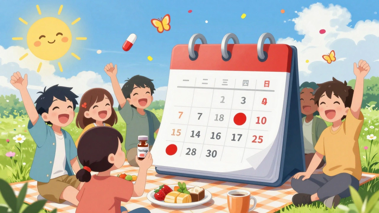 Friends enjoying a picnic with a Yeztugo vial, floating calendar showing only two injection dates per year, and butterflies made of pills.