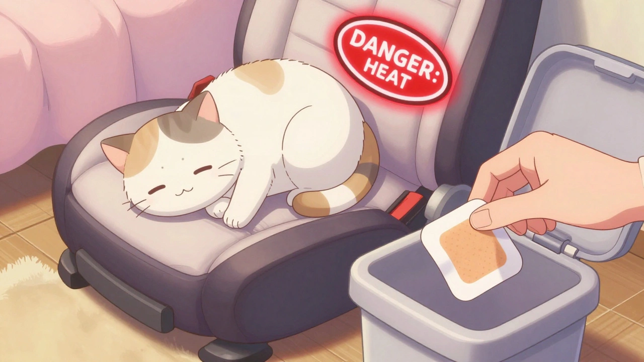 Hand folding a used fentanyl patch safely into a disposal bin, with a heated car seat marked by a warning.