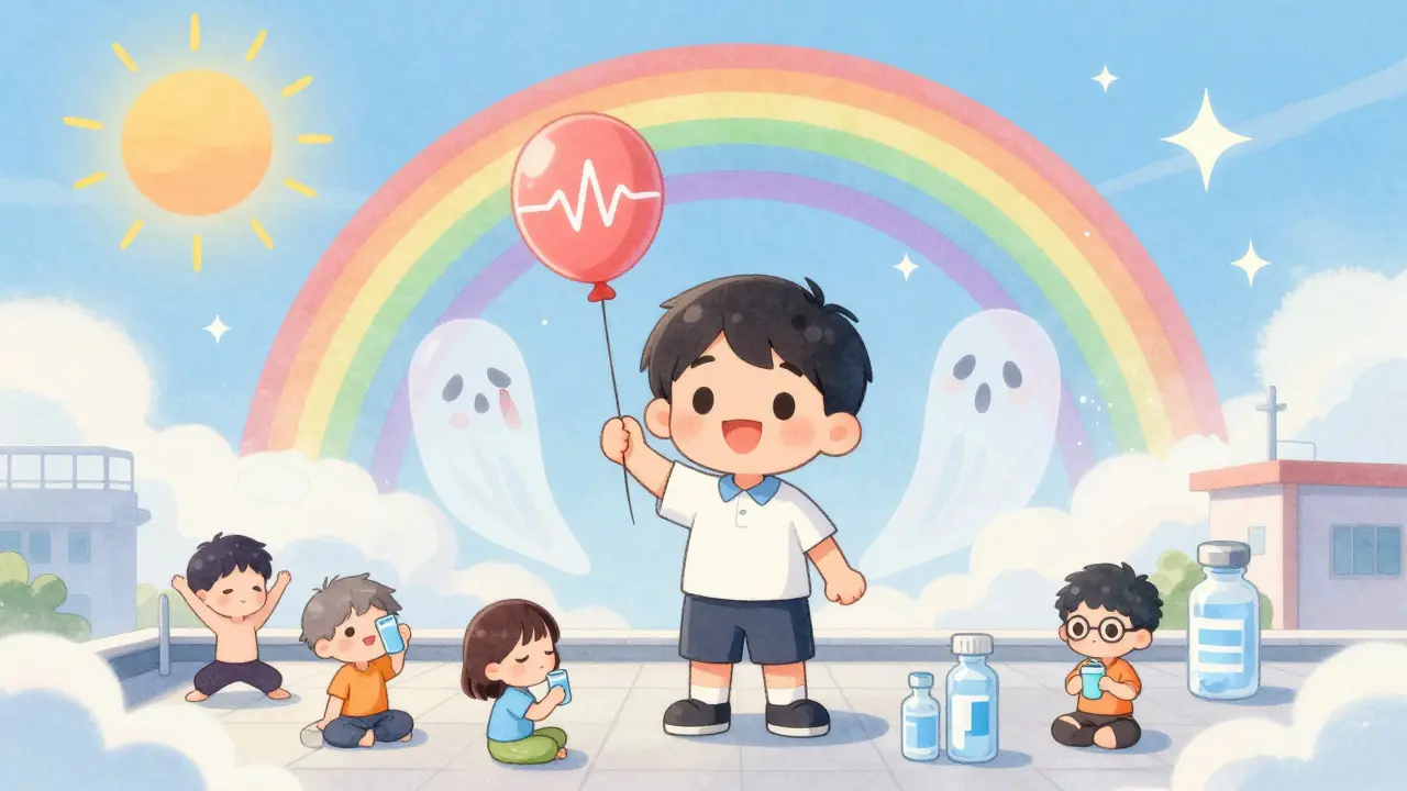 Happy survivor under a rainbow, with fading symptoms turning into sparkles, symbolizing recovery from sepsis.