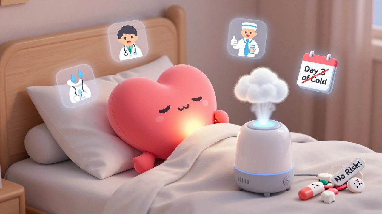 Heart-shaped character breathing easily with humidifier and safe cold remedies around them