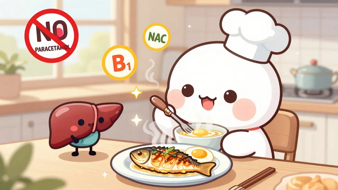 Kawaii character eating healthy food with liver chef and no paracetamol sign.