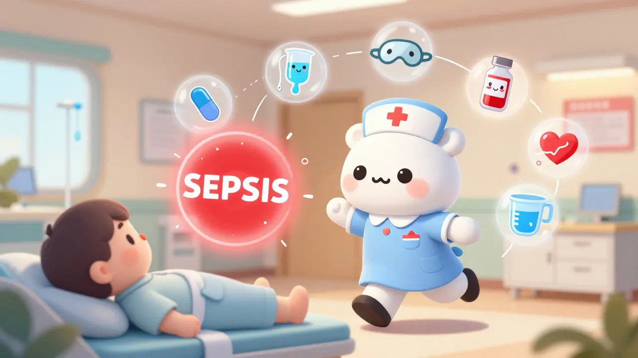 Kawaii nurse rushing toward a patient with six floating cute icons representing the Sepsis Six treatment steps.