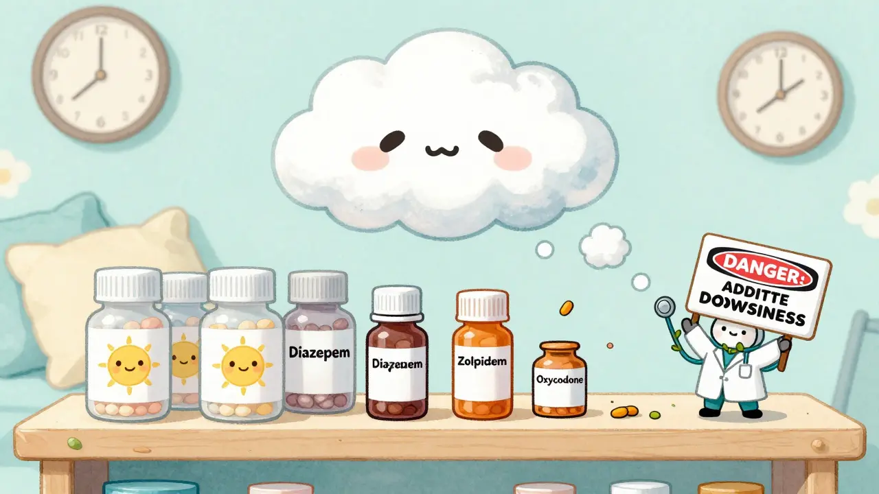Kawaii pharmacy shelf with sleepy smoke rising from mixing pills
