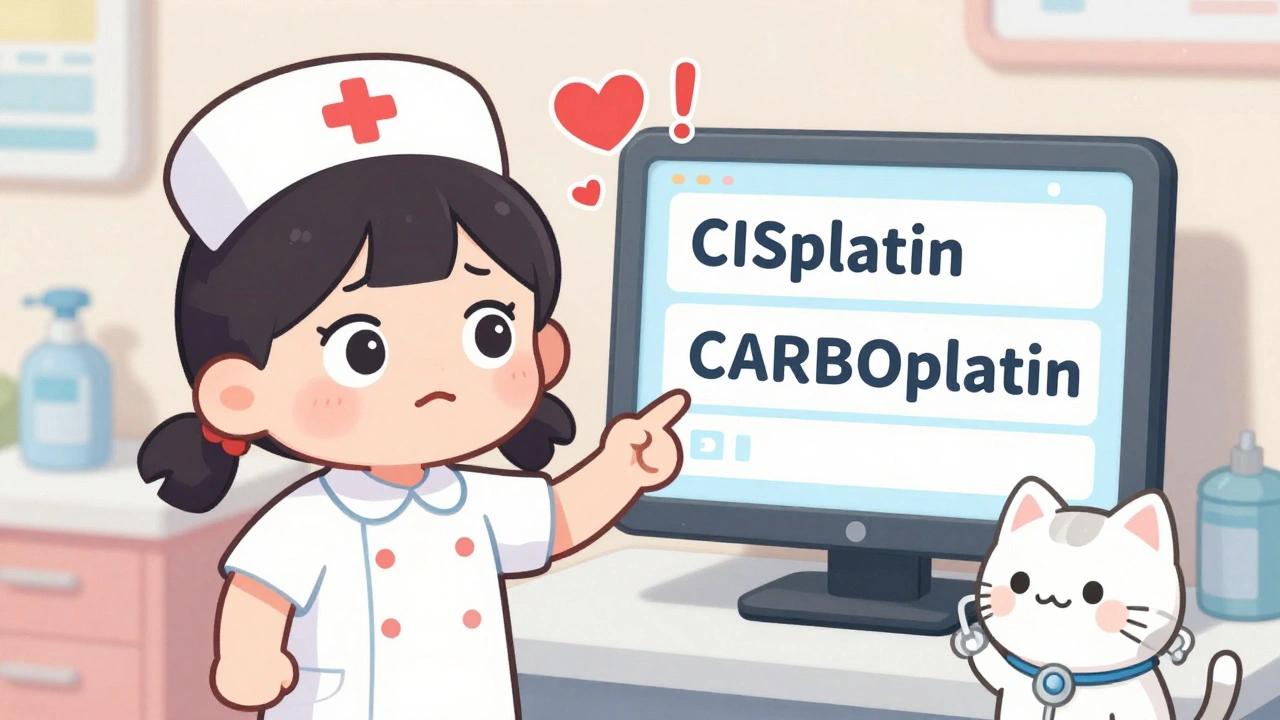 Nurse confused by similar drug names on a screen with heart-shaped warning pop-ups.