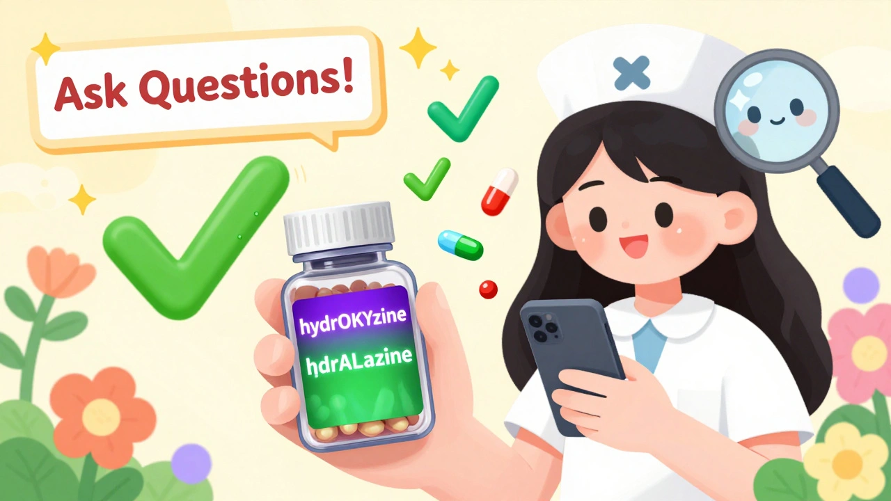 Patient comparing pill label to phone photo with glowing letters and floating checkmarks.