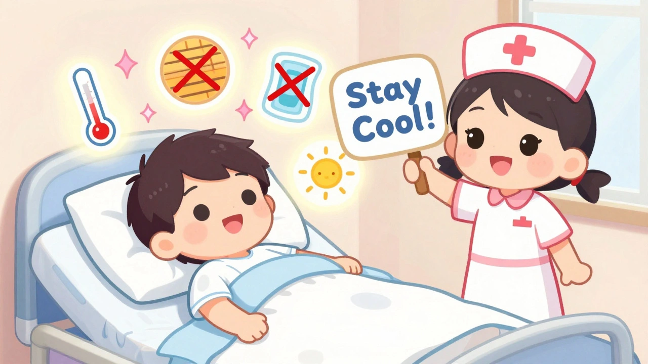 Patient in hospital bed surrounded by crossed-out heat icons, nurse holding &#039;Stay Cool!&#039; sign.