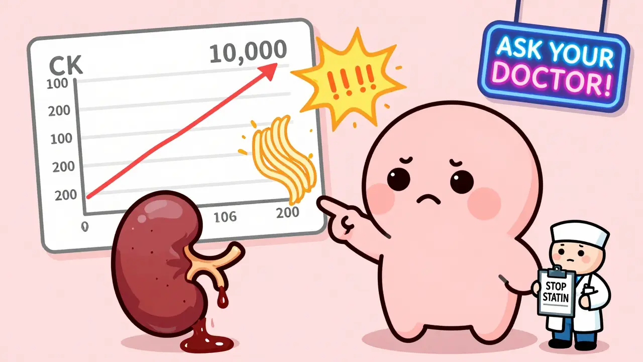 Patient pointing at dark urine and snapping muscles, with a chart showing skyrocketing CK levels and a 'STOP STATIN' sign.