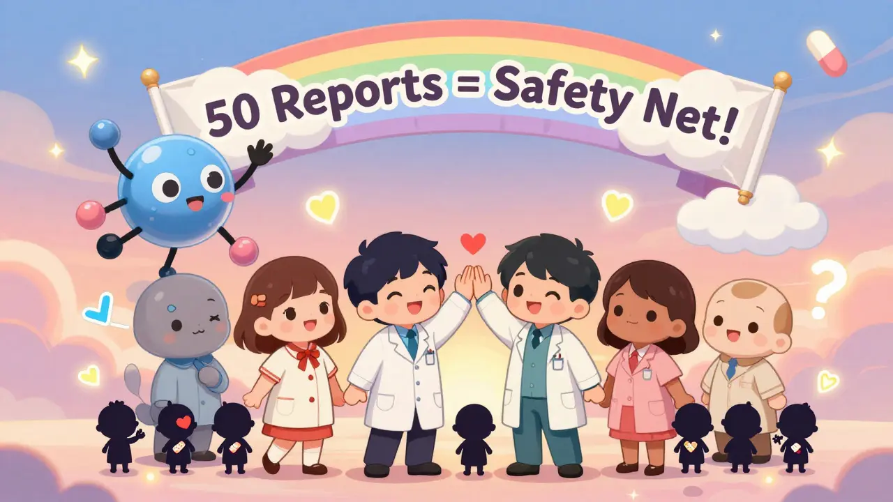 Pharmacists high-five under a rainbow banner as patient silhouettes heal, with floating pill clouds in kawaii style.