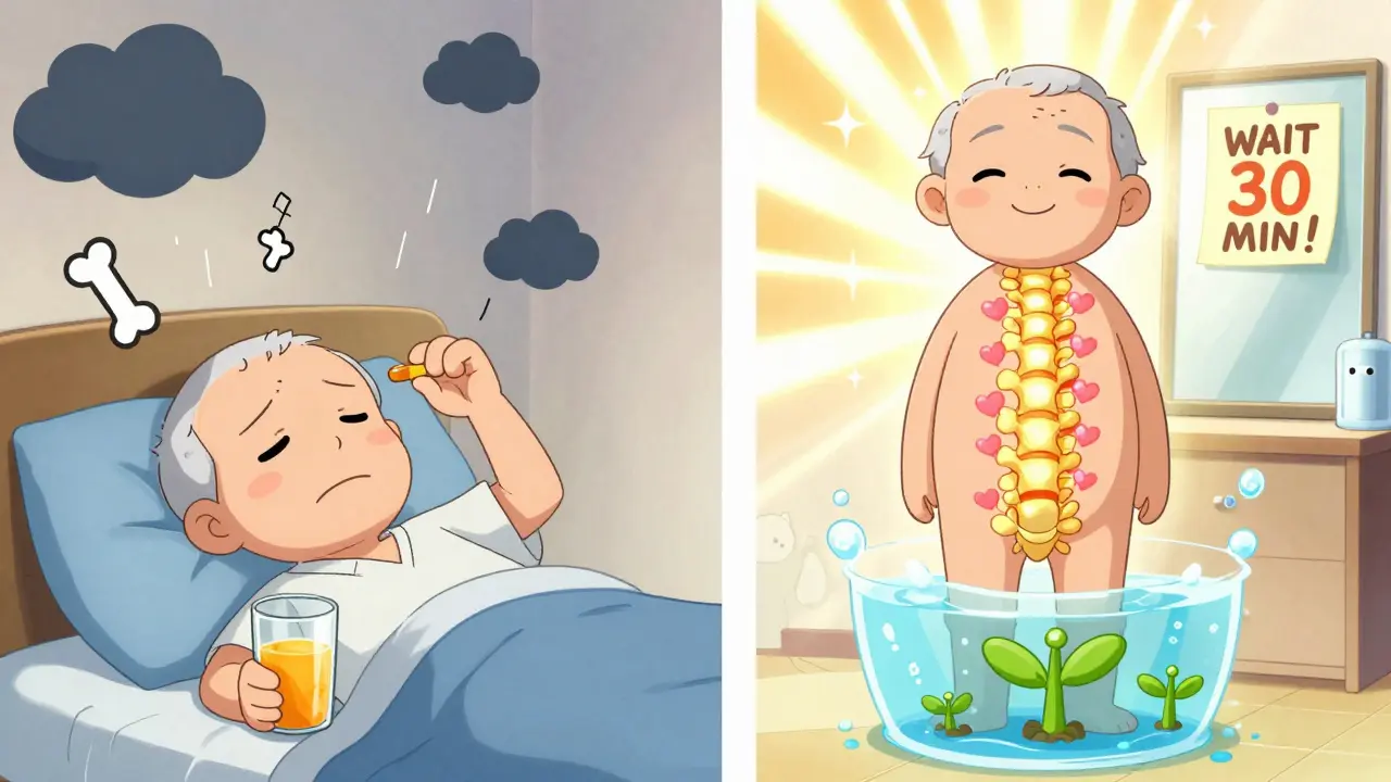 Split scene: left shows bad habit with dark clouds, right shows good routine with glowing bones and growing plant.