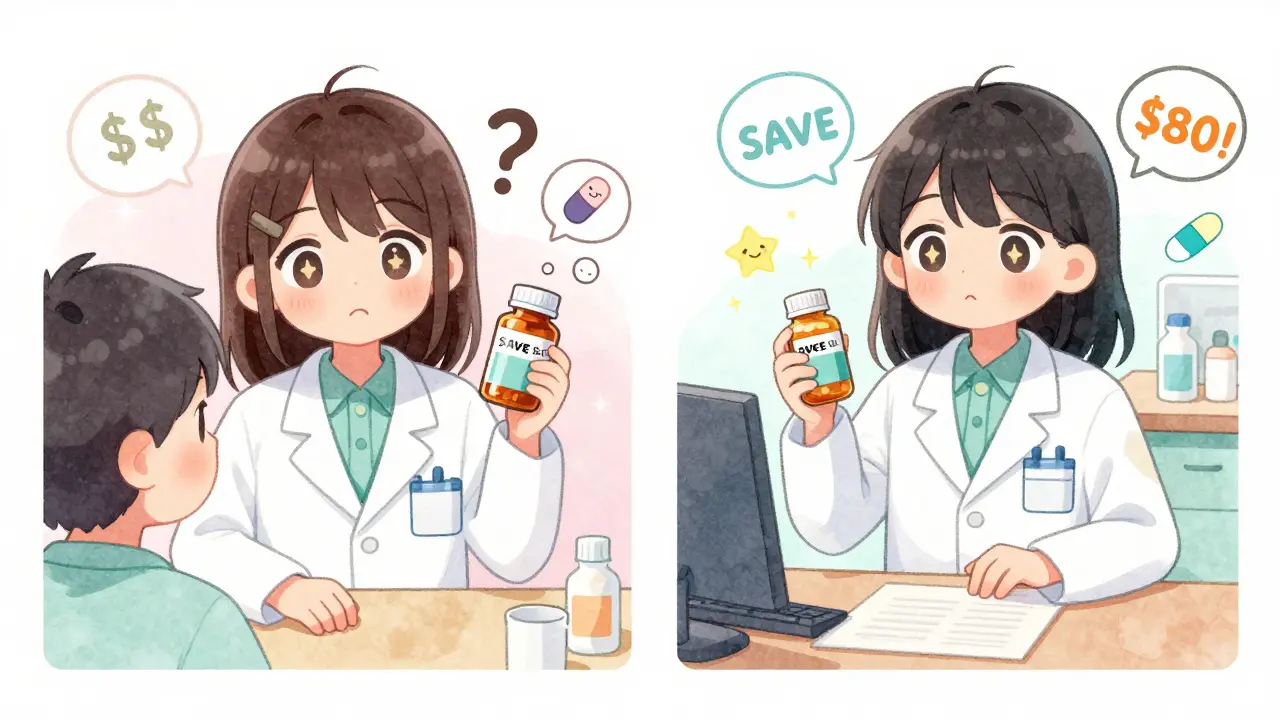 Split scene: one pharmacist hesitates to offer generics, another confidently swaps them with savings icons.