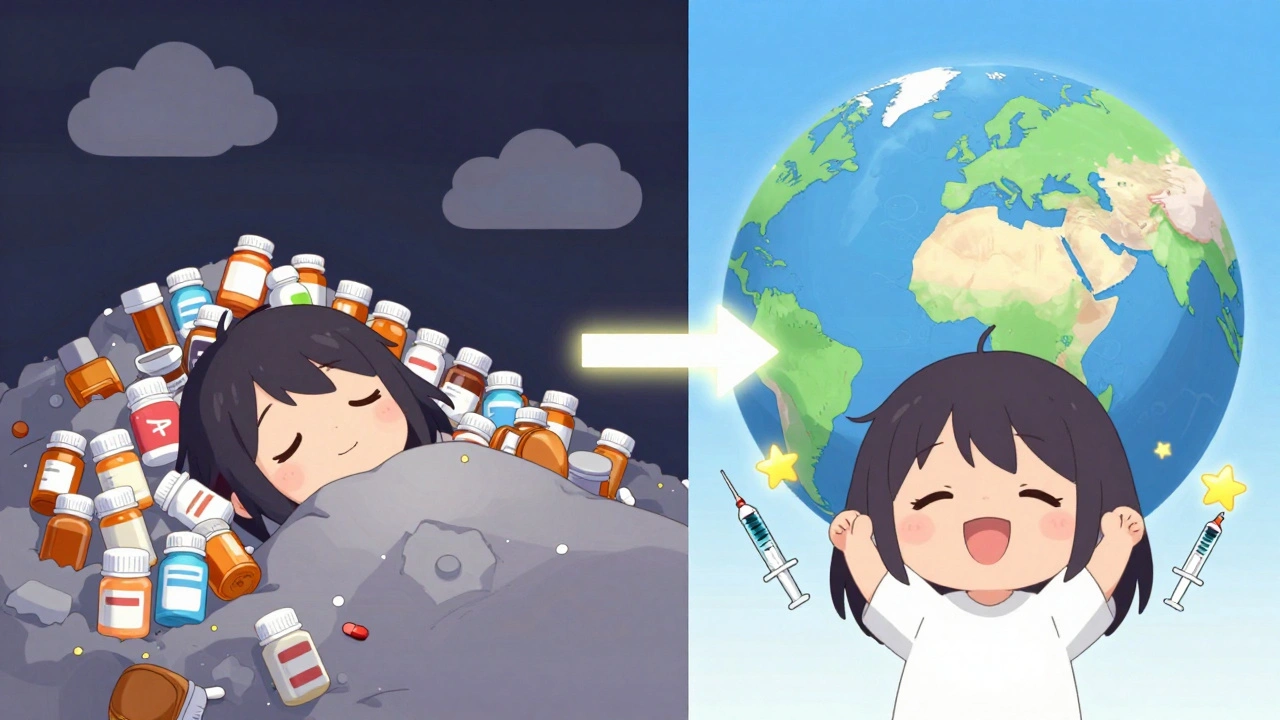 Split scene: one side overwhelmed by pill bottles, the other free under stars with two syringes, symbolizing the shift to long-acting treatment.