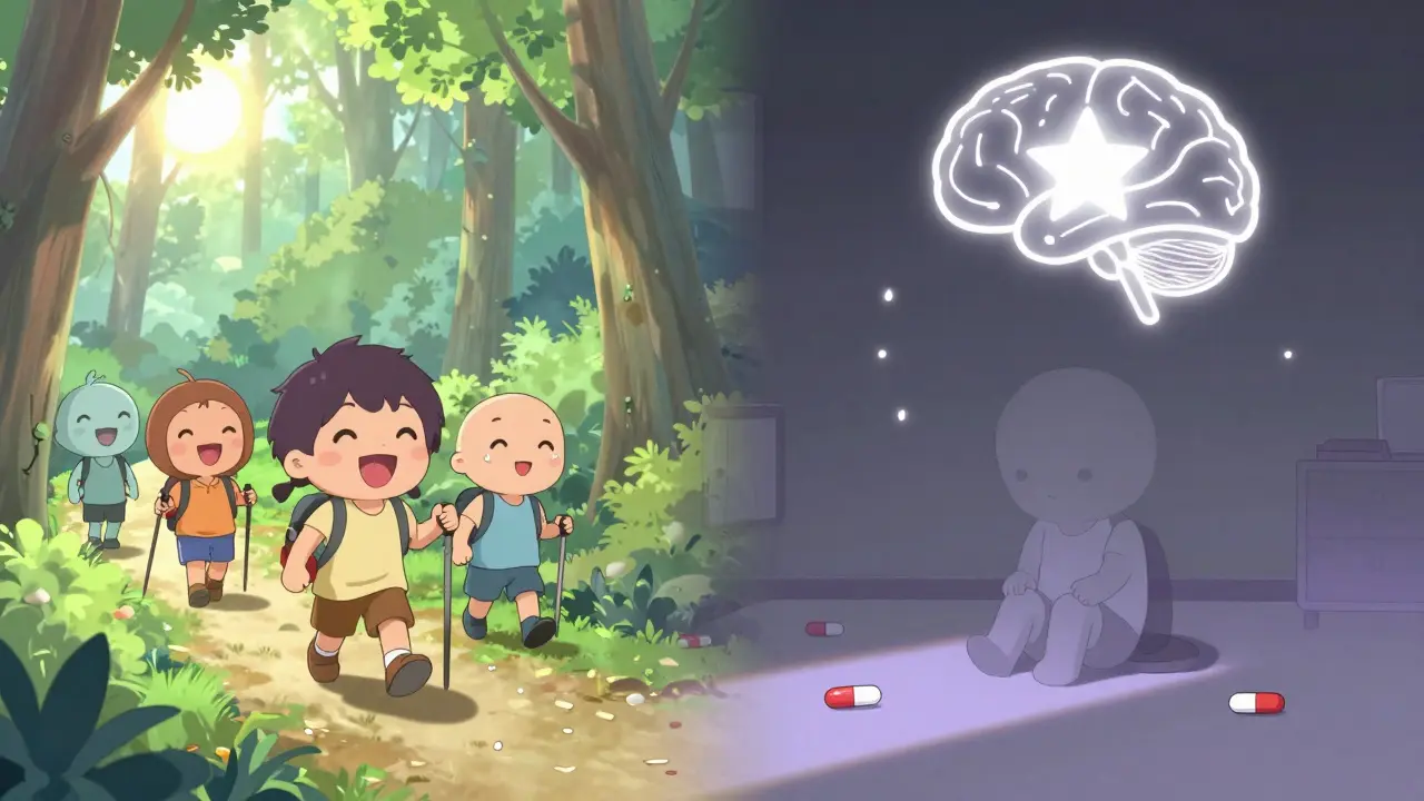 Split scene showing a happy past and lonely present, with a fading brain diagram and floating opioid pills in kawaii style.