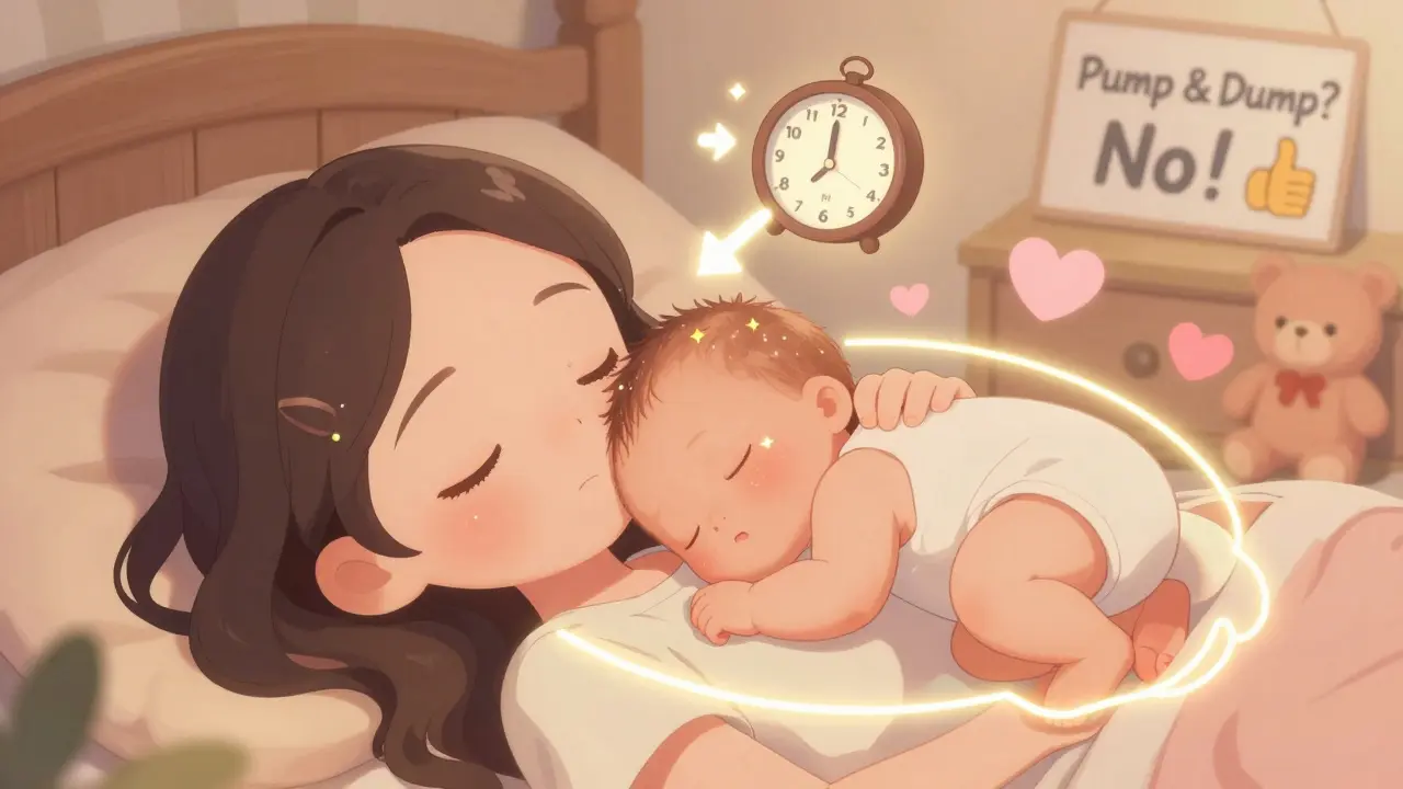 A baby sleeping peacefully on mom’s chest with a clock showing safe medication timing after feeding.