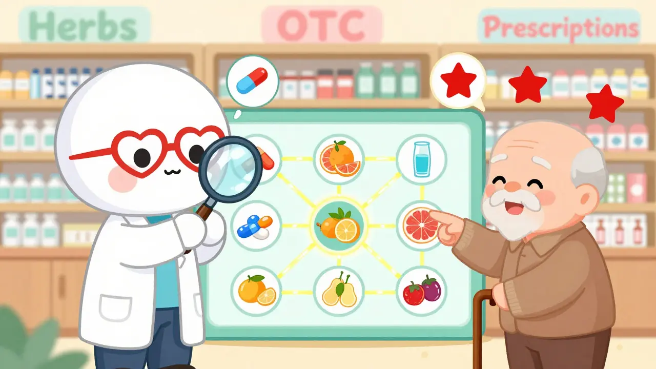 A cute pharmacist explaining drug interactions with a glowing chart to an elderly patient.