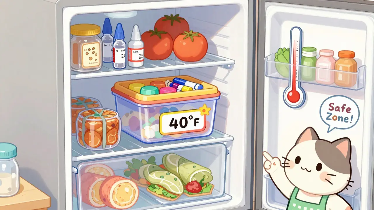 A fridge with a labeled bin on the middle shelf holding insulin, next to a thermometer showing safe temperature.