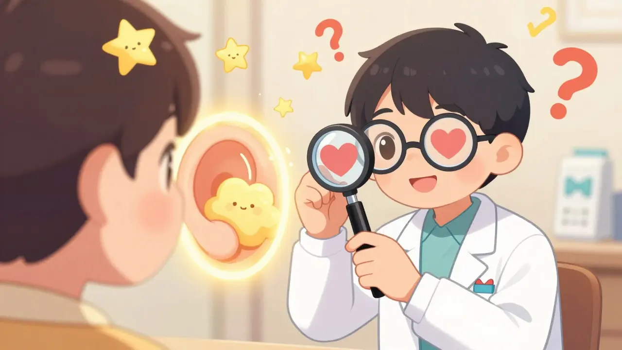 A friendly doctor examining an ear with a heart-shaped otoscope as glowing wax clouds float inside.