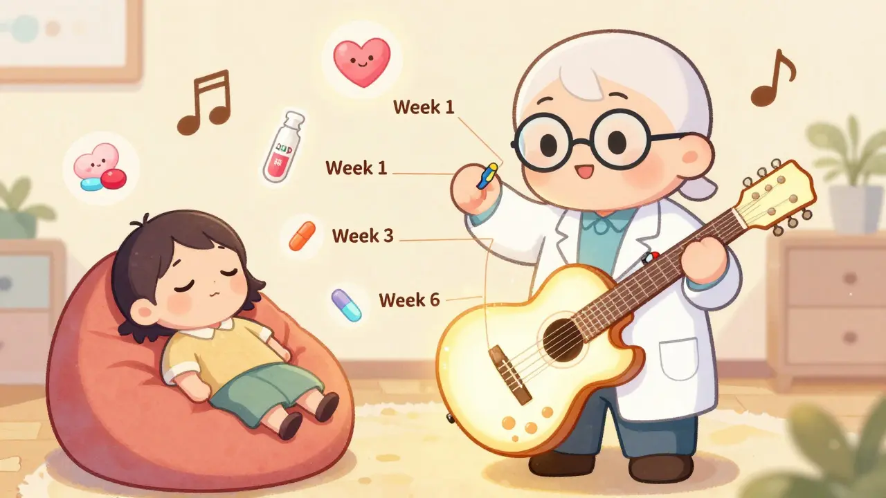 A friendly doctor tuning a giant glowing guitar labeled with weeks, while a patient watches happily.