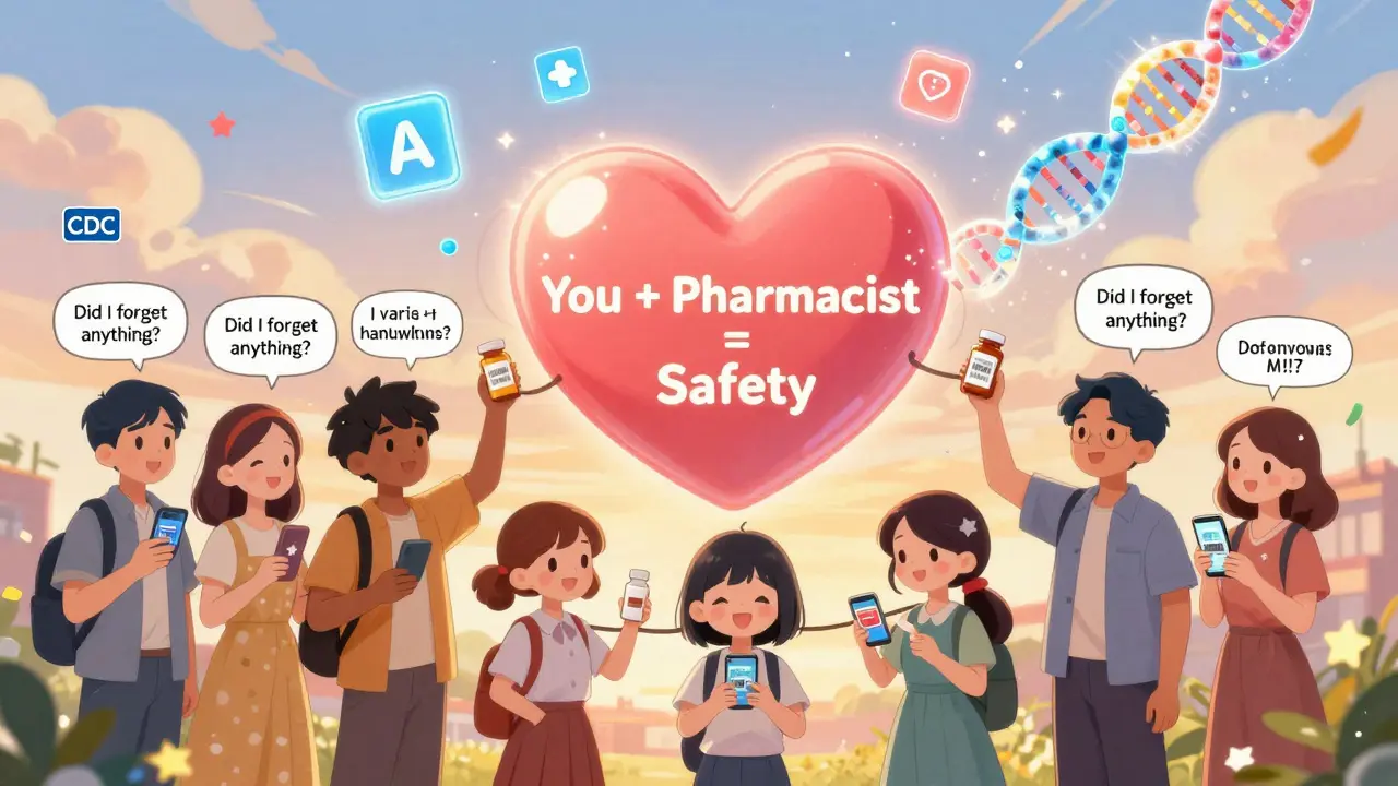 A group of people connecting through safety apps and DNA tech, forming a heart of medication awareness.