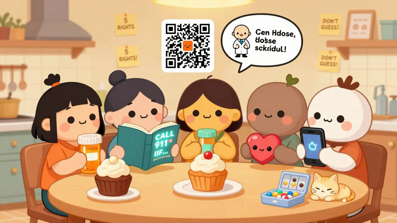 A group of people reviewing medication labels with glowing guides and alarms in a cozy kitchen.