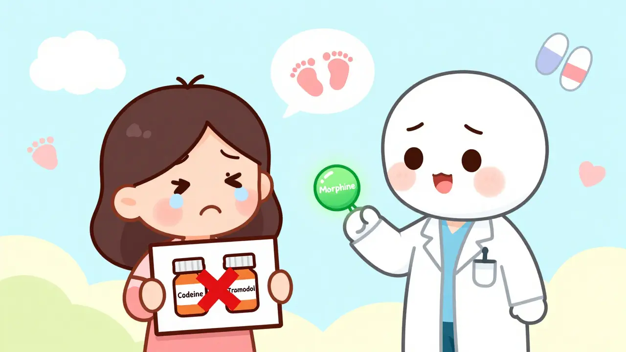 A mom being guided by a doctor to choose safe pain meds, with warning signs over dangerous opioids in cute anime style.