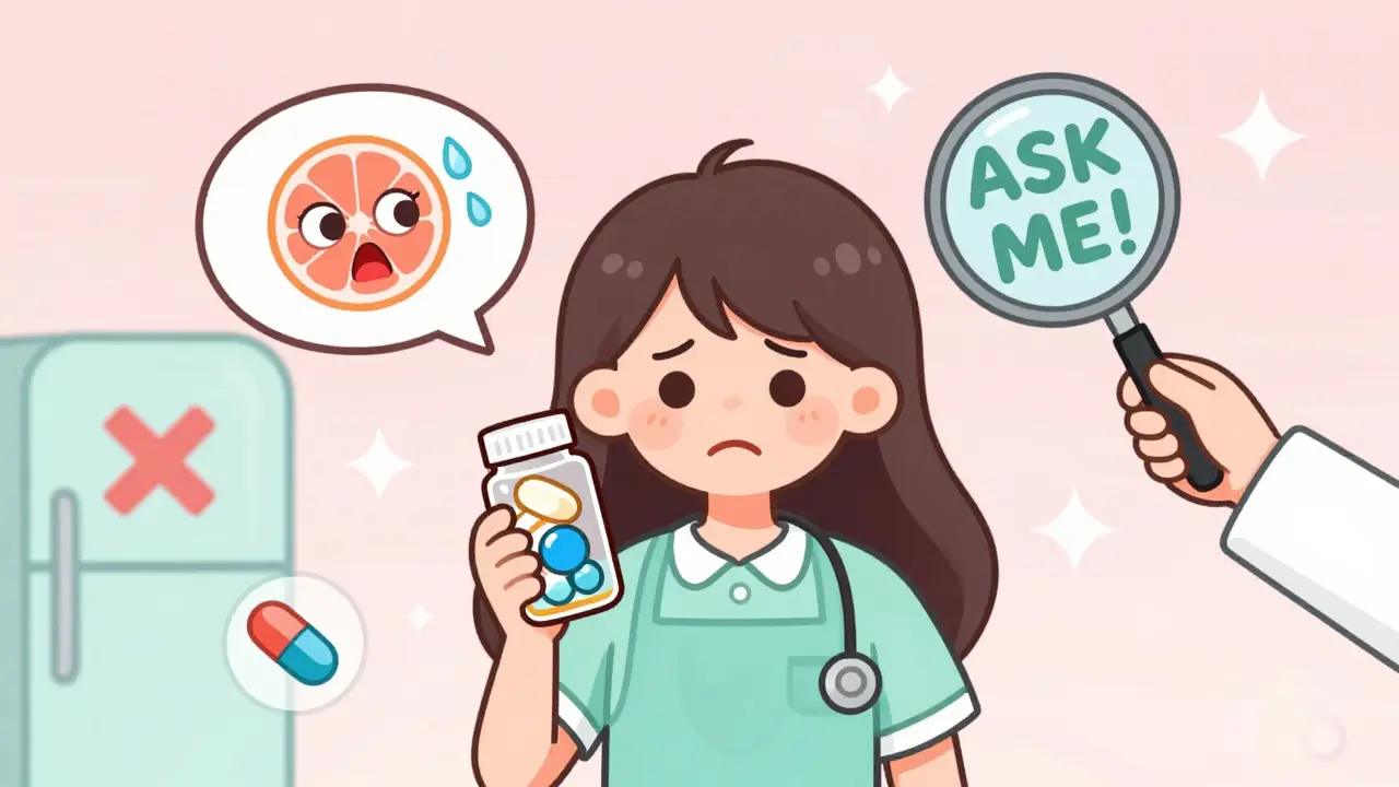 A patient confused by changing pill appearance, with floating food and medicine icons around her.