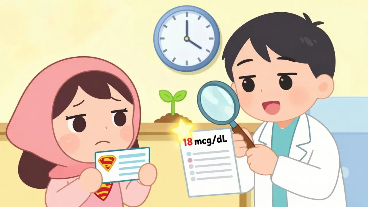 A patient shows a steroid alert card while a doctor checks a glowing blood test result.