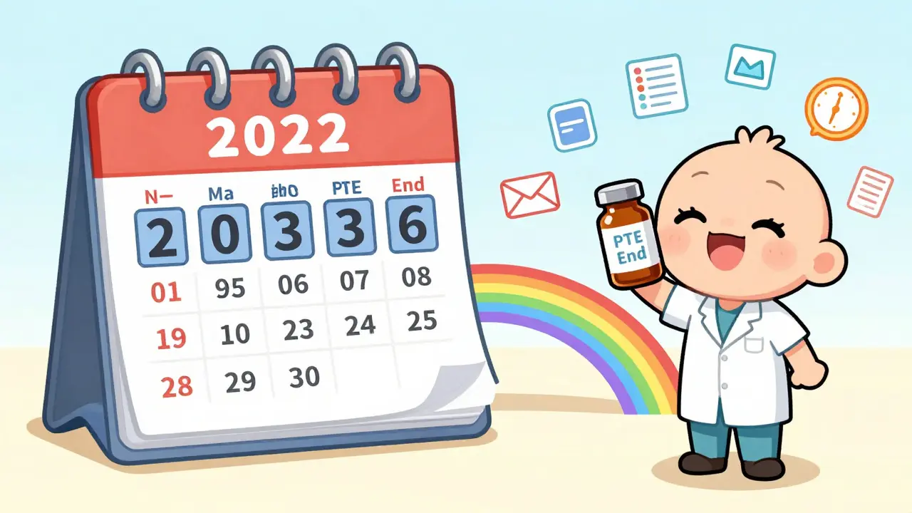 A patient watches a calendar flip to 2036 as a rainbow bridge leads to a generic pharmacy.