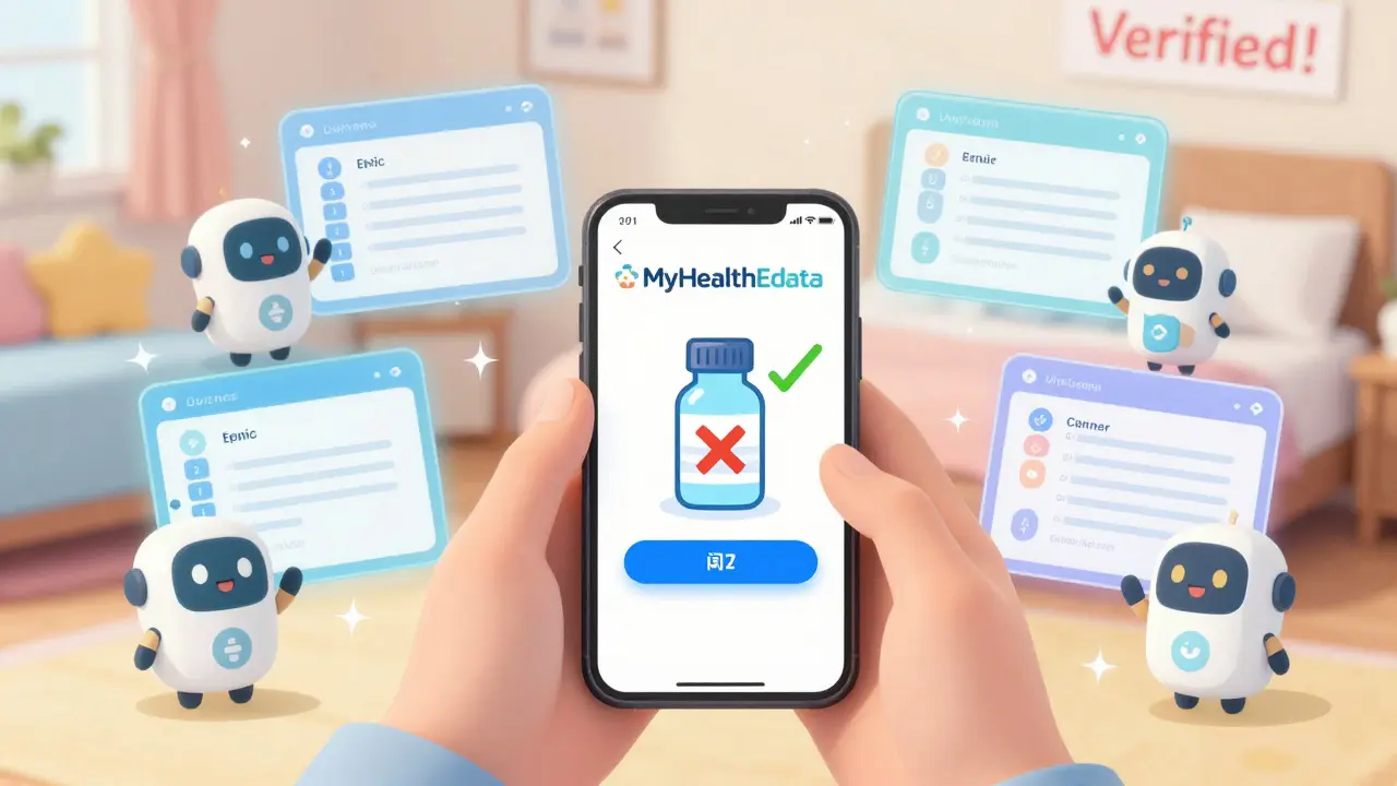 A person updates their allergy list on a glowing phone app with friendly EHR robots.