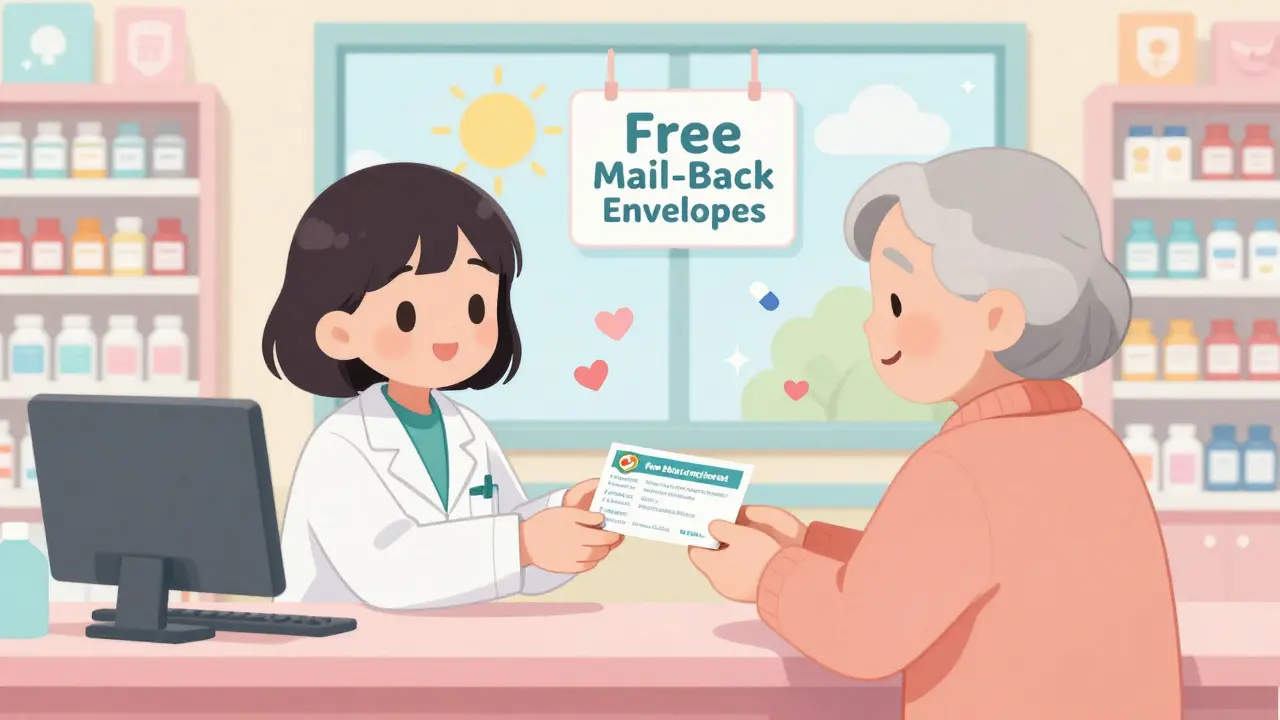 A pharmacist gives a free medication disposal envelope to an elderly customer in a pastel pharmacy.