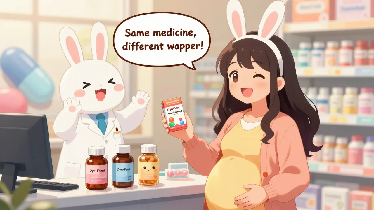 A pregnant woman receiving prenatal vitamins from a pharmacist with bunny ears in a cute anime pharmacy scene.