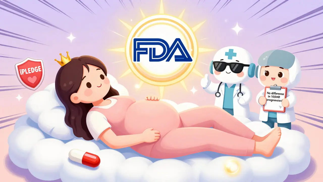 A pregnant woman resting on a cloud with floating safe-medication icons and a glowing FDA badge above her.