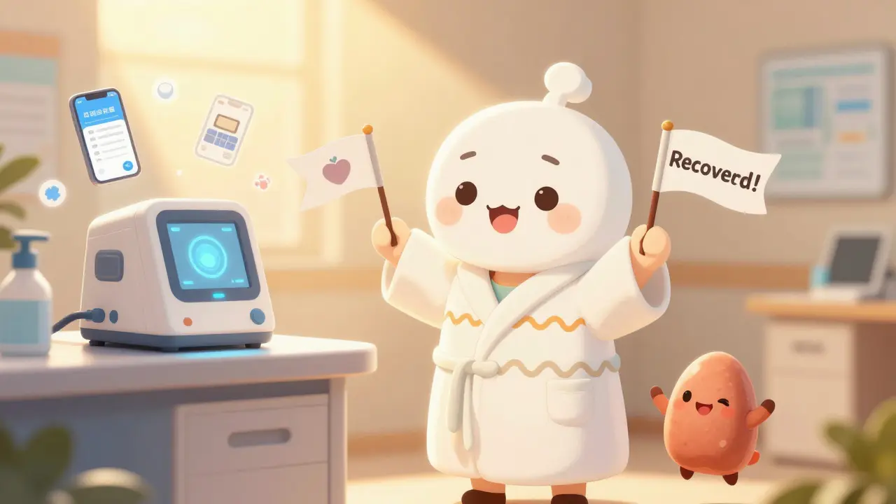 A recovered patient stands in sunlight as tiny adrenal glands dance happily beside them.