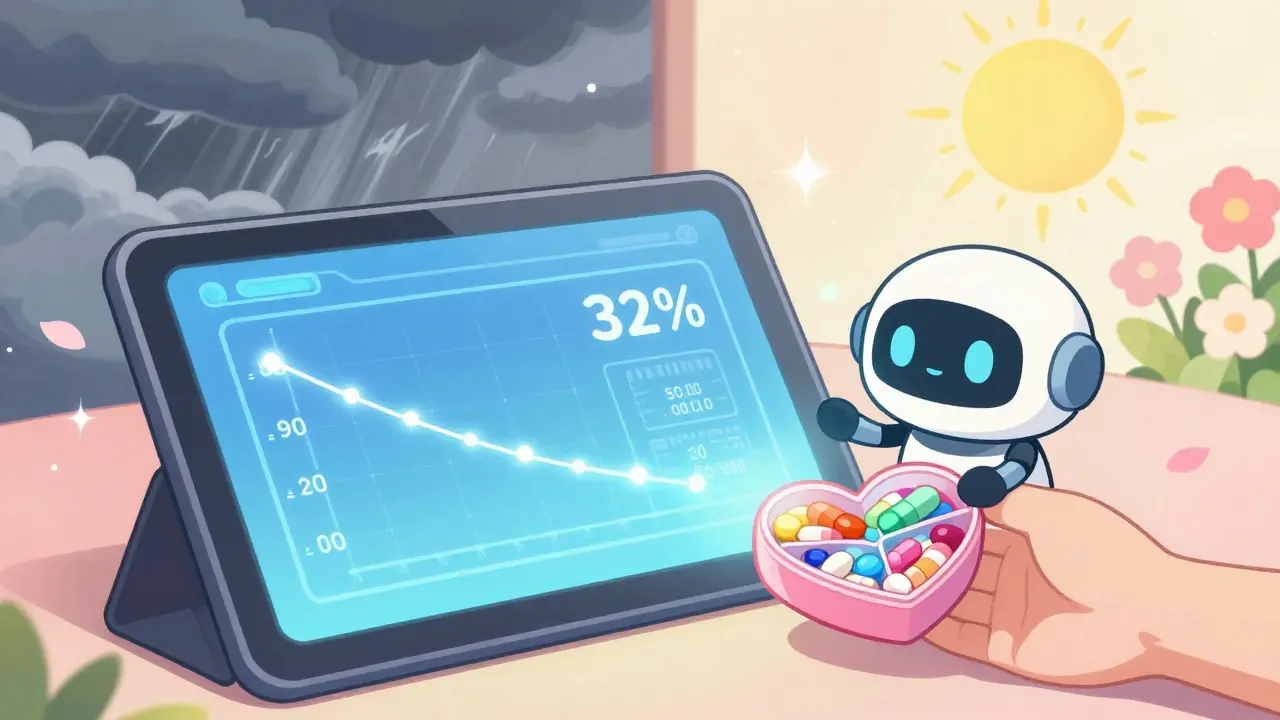 A smiling AI mascot shows a chart of reduced side effects as a patient holds a rainbow pill organizer.