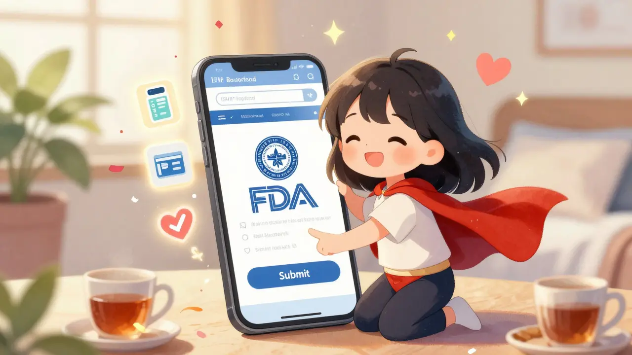 A smiling girl submitting a pharmacy error report on her phone, surrounded by glowing safety icons and sparkles.
