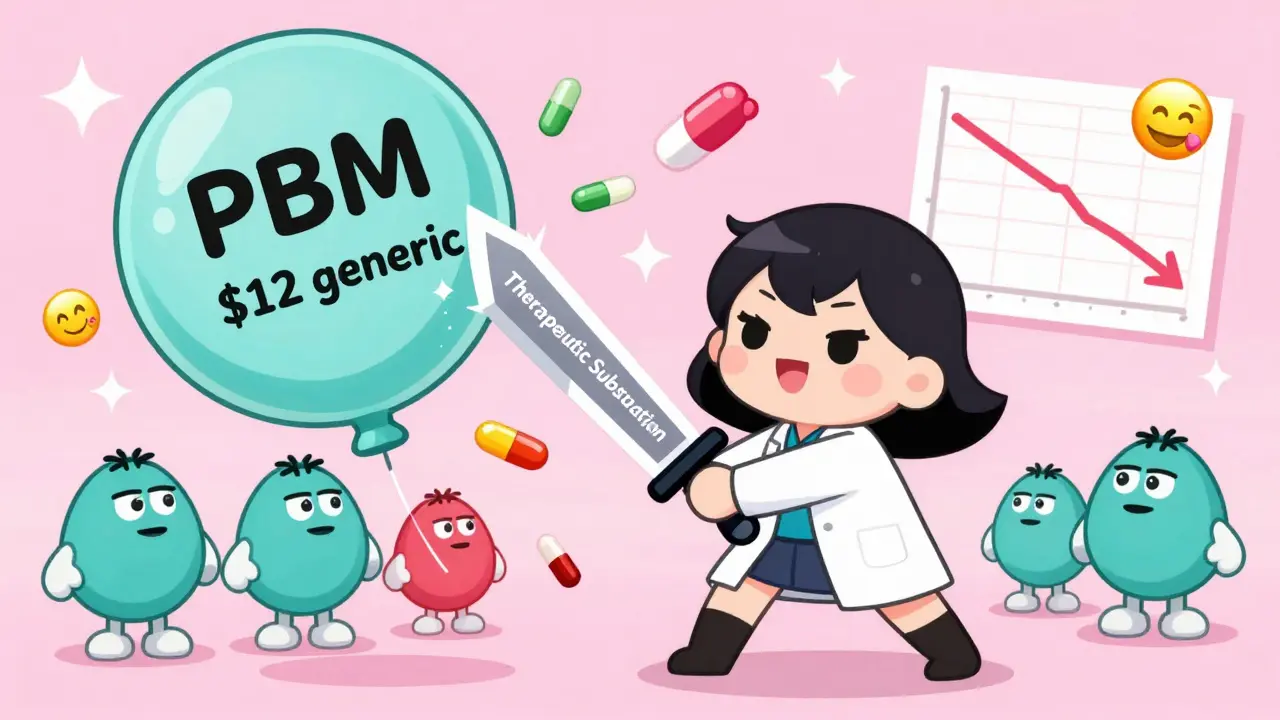 A superheroine cuts open an expensive generic balloon, raining down cheap pills while PBMs hide in fear.