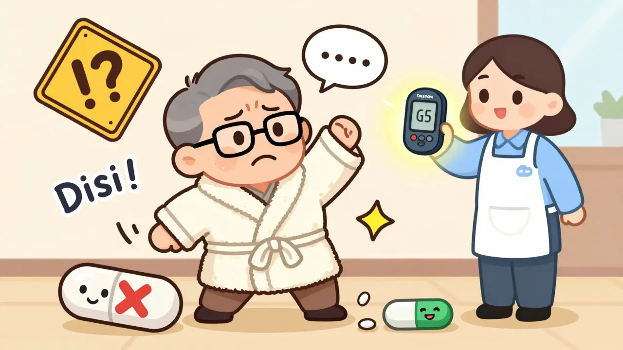 An older man with confusion symbols floating around him, held by a caregiver with a CGM device, while a dangerous pill breaks nearby.