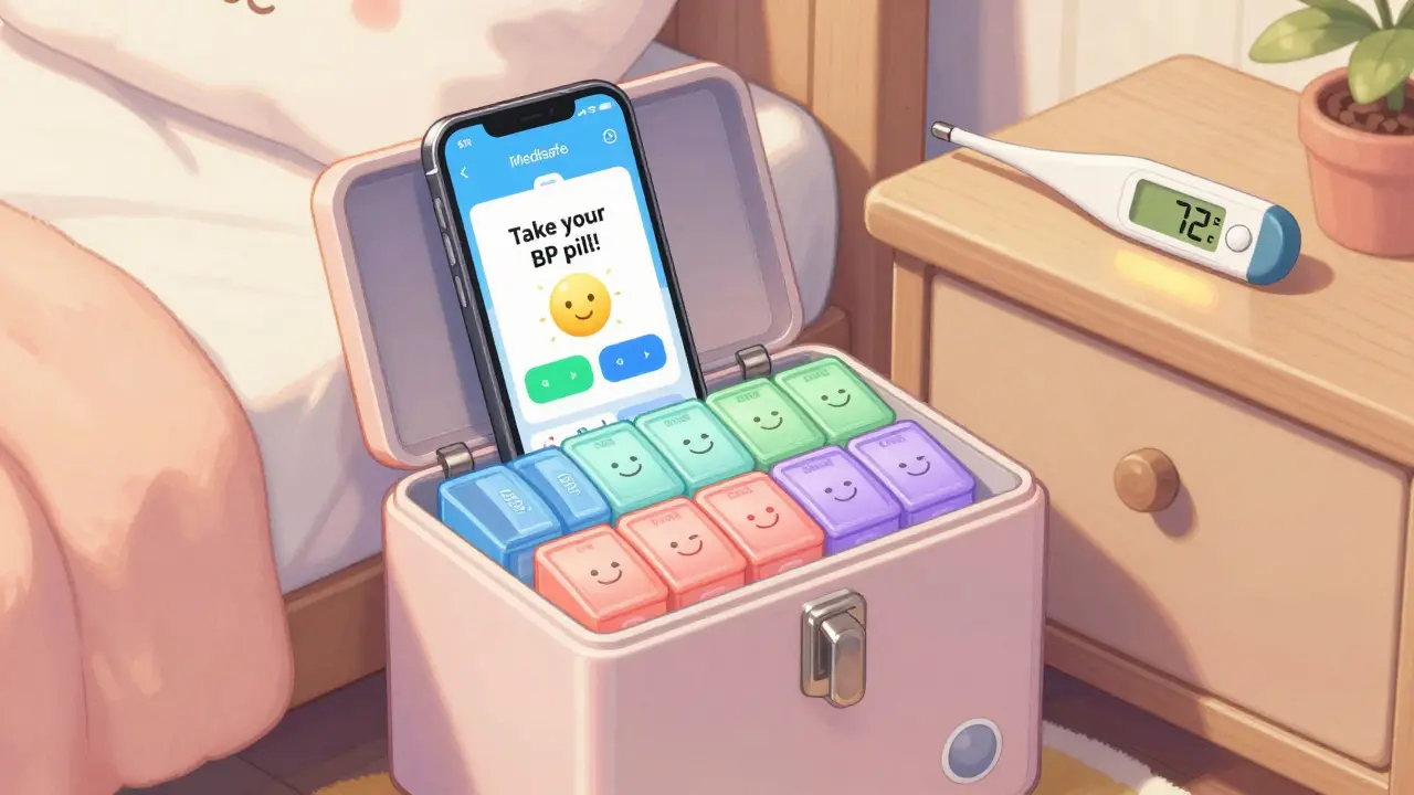 An under-bed lockbox with daily pill organizers and a smartphone showing a medication reminder app.
