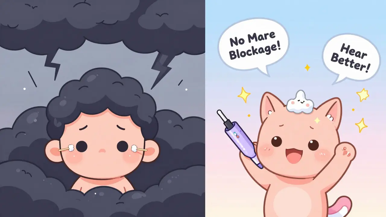 Before-and-after scene: sad person with cotton swabs vs. happy person with sparkling clean ears and dancing wax blobs.